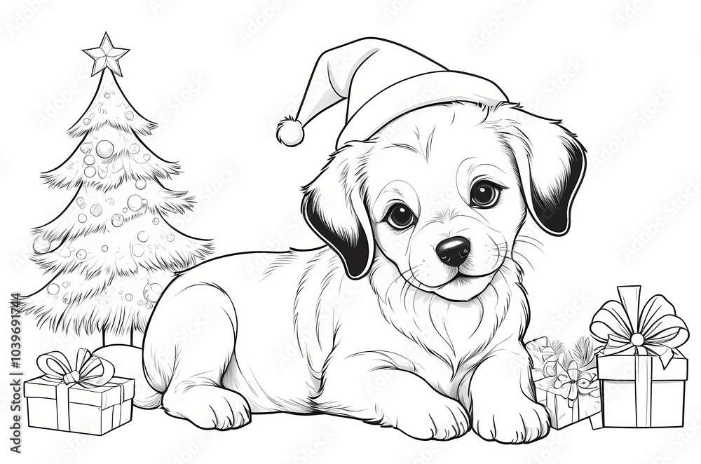 Fototapeta premium Cute Dog with Christmas Hat Coloring Book Page