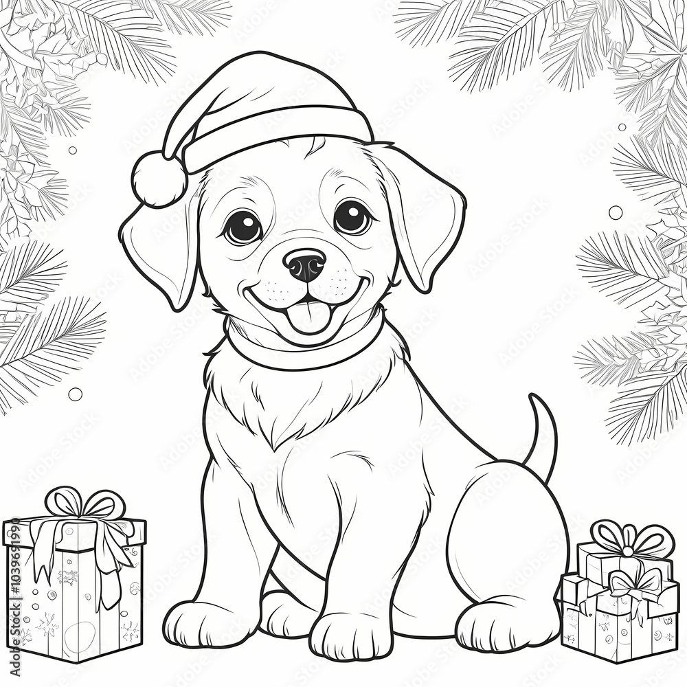 Fototapeta premium Cute Dog with Christmas Hat Coloring Book Page