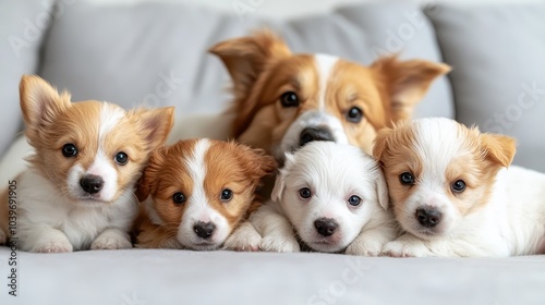 A group of cute puppies snuggling with their mother on a comfortable couch, showcasing their adorable features and the warmth of familial bonding.