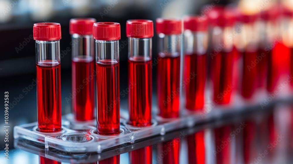 Flasks with test tubes with chemical laboratory tests analyzes with red liquid stand on a glass table in a clinical laboratory for medicine