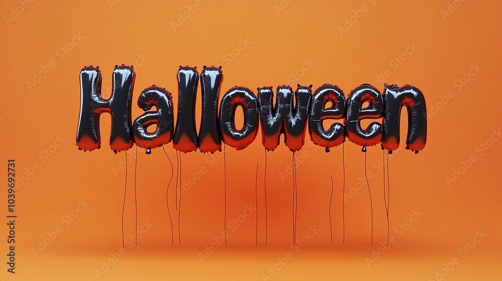 High-Resolution Halloween Typography with Black Balloon Font on Orange Background, Rendered with Octane for Realistic Foil Balloon Letters