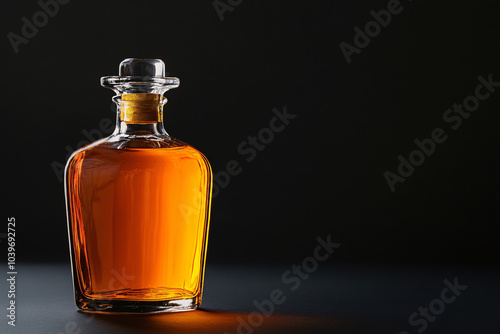 A glass decanter with amber liquid against a dark background highlighting its elegant shape and warm tones in a minimalist setting 