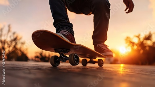 An impactful and energetic image capturing a skater performing tricks on a skateboard at sunset, representing youthfulness, agility, and the spirit of adventure.