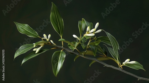 Fragrant Sweet Box branch with leaves and flower buds Latin name Sarcococca ruscifolia photo