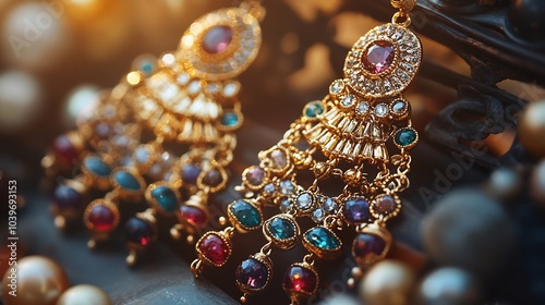 Vintage chandelier earrings ornate goldwork and gemstone accents displayed on a soft minimalistic surface emphasizing their timeless beauty photo