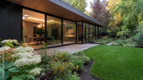 A contemporary backyard garden characterized by lush green lawns, diverse flowering plants, and large glass windows, offering a harmonious blend of nature and design.