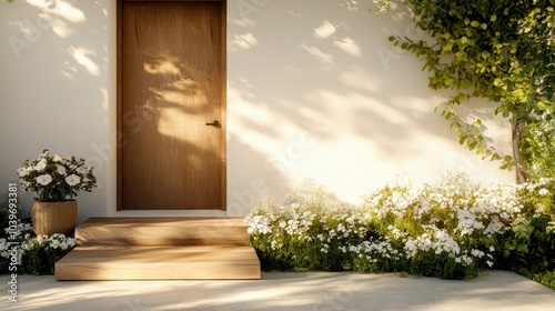 This image displays a wooden door surrounded by lush greenery and flowers, capturing a serene and inviting entryway. The play of light adds warmth and charm.