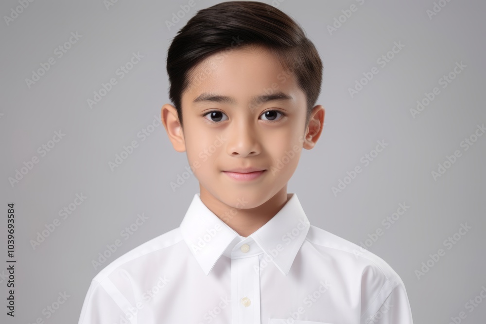 portrait of handsome young asian boy in white shirt on grey background portrait of handsome young asian boy in white shirt on grey background