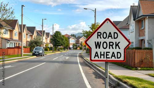 Road Work Ahead Sign on a Street in a Residential Area isolated with white highlights, png