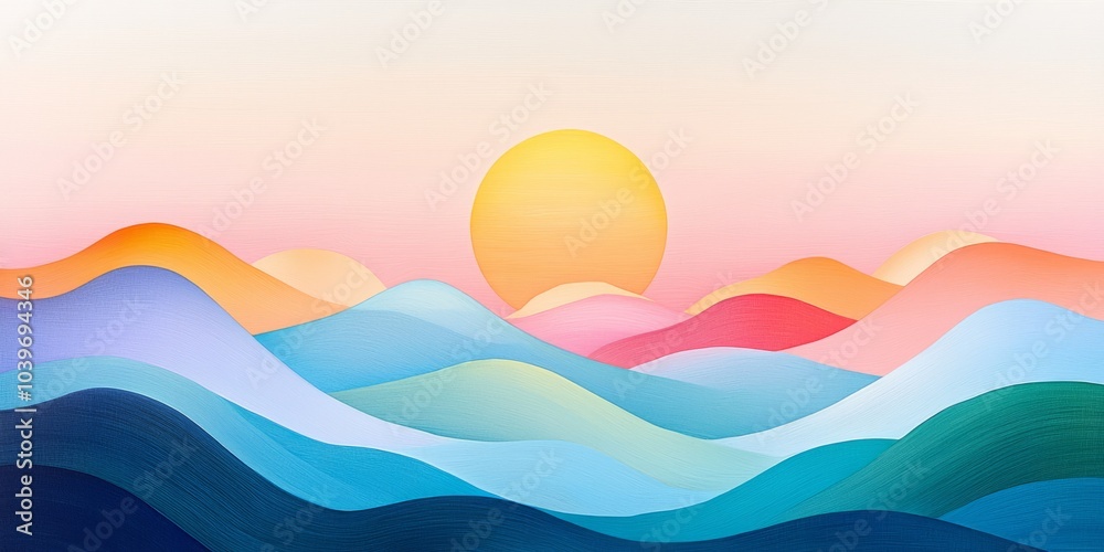 a simple landscape. aqua blue gradient to pink night skyand sun. Bold lines and geometric shapes a simple landscape. aqua blue gradient to pink night skyand sun. Bold lines and geometric shapes