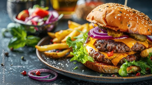 Delicious cheeseburger served with french fries salad and coleslaw on a modern plate photo