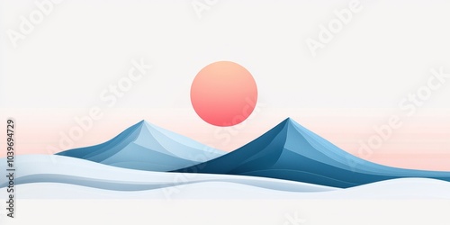 a simple landscape. aqua blue gradient to pink night skyand sun. Bold lines and geometric shapes photo