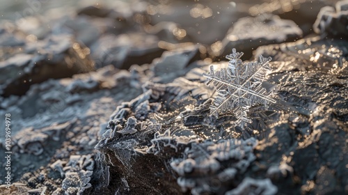 Beautiful Macro Snowflake on Frozen Rock photo