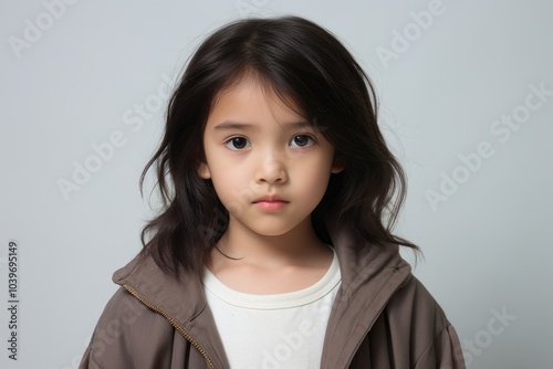 Portrait of a cute little asian girl on grey background.