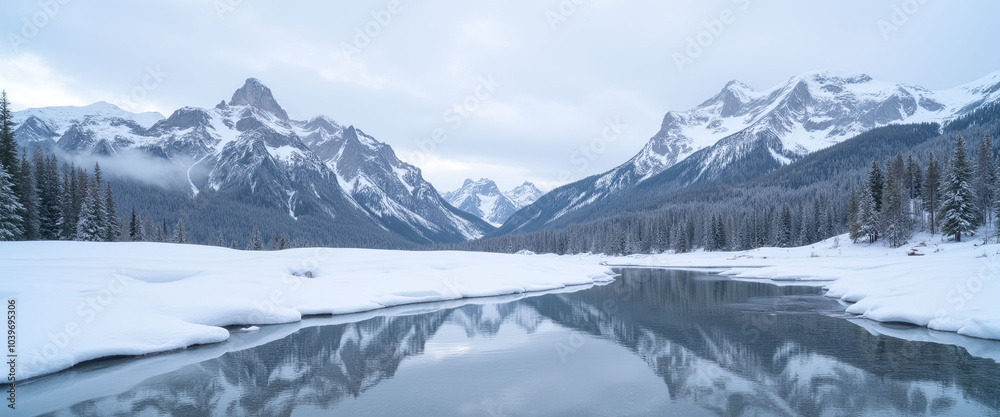 Serene snow-covered mountains with tranquil reflection in icy lake against misty forest background Serene snow-covered mountains with tranquil reflection in icy lake against misty forest background