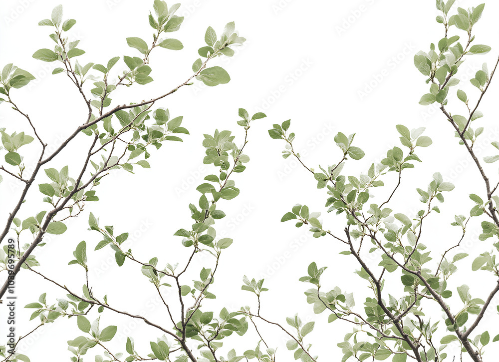 A close-up shot of several intertwining tree branches with new green leaves against a white background. A close-up shot of several intertwining tree branches with new green leaves against a white background.