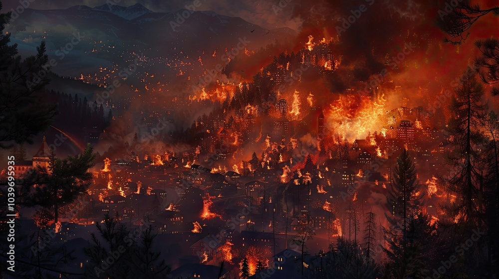 Fototapeta premium Large wildfire near a town