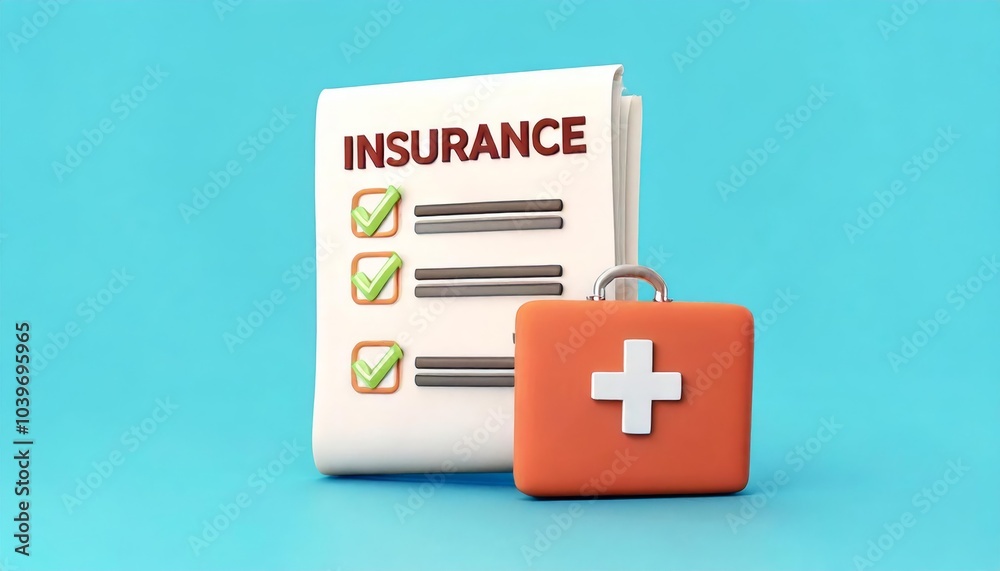 A stylized insurance document with checkmarks and a health kit, symbolizing healthcare and insurance coverage on a bright blue background. A stylized insurance document with checkmarks and a health kit, symbolizing healthcare and insurance coverage on a bright blue background.