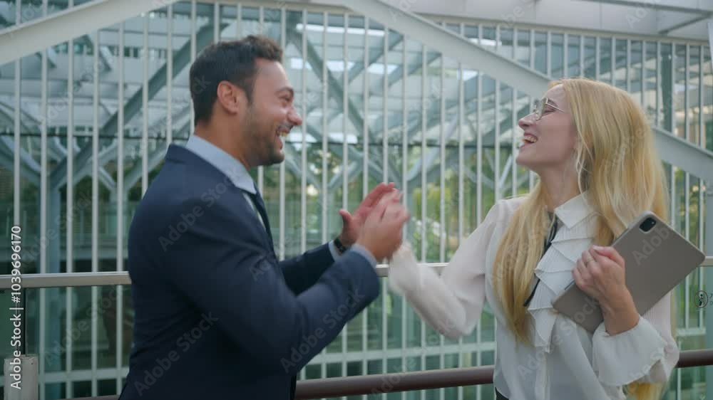 European Business Partners Having Happy Conversation And Giving High Five Outdoors. medium shot, slow motion European Business Partners Having Happy Conversation And Giving High Five Outdoors. medium shot, slow motion