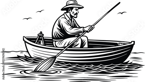 Fisherman in Wooden Rowboat - Black and White Outline Illustration on White Background.