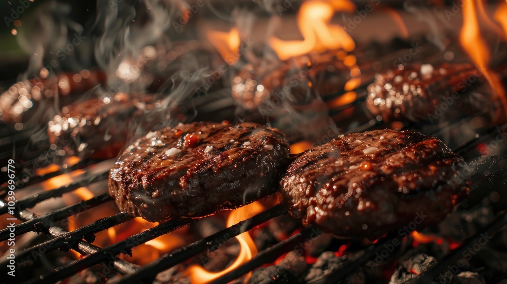 Cooking meat for burgers and cheeseburgers sausages for hot dogs buns on a grill with burning coals street food Cooking meat for burgers and cheeseburgers sausages for hot dogs buns on a grill with burning coals street food
