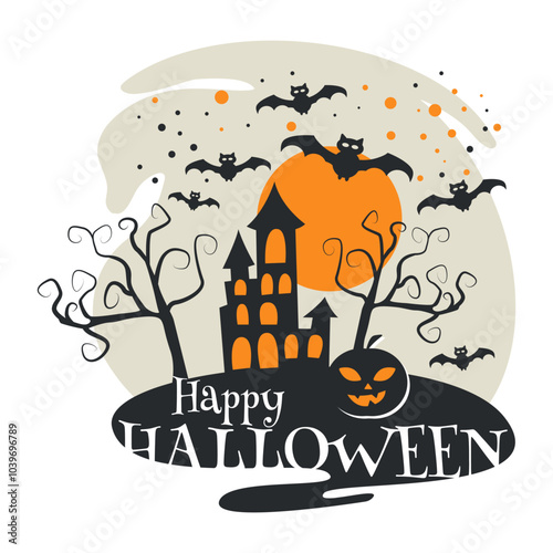 Happy Halloween. Web banner or invitation. Background with bats, ghosts for social networks. Vector illustration. Cobweb, spiders, bats, lettering. Place for text