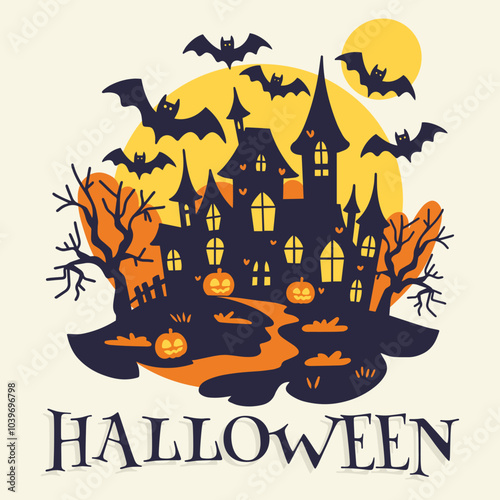 Happy Halloween. Web banner or invitation. Background with bats, ghosts for social networks. Vector illustration. Cobweb, spiders, bats, lettering. Place for text
