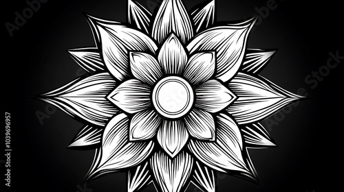 A white mandala with complex geometric patterns featuring sharp, angular lines, radiating from a central point, all set against a deep black background. photo