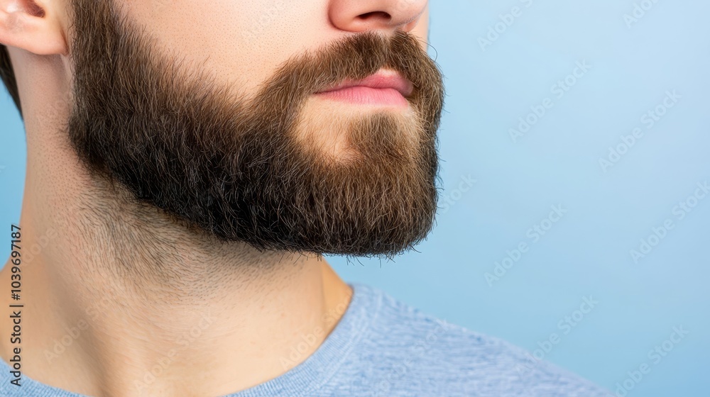 Obraz premium Man with beard and toothbrush in close-up, set against a blue backdrop
