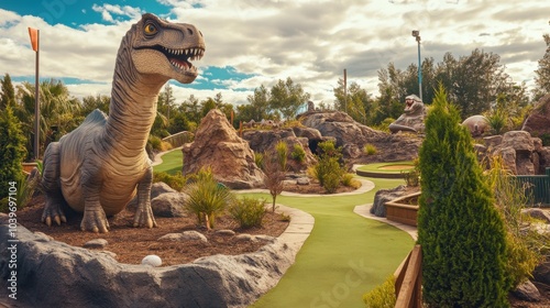 A whimsical mini-golf course with carnival-themed obstacles, Colorful course layout with carousel and clown motifs, Carnival extravaganza style photo