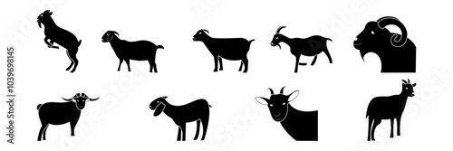 A set of black silhouette illustrations of various goats and rams in different poses and profiles on a white background. The collection includes standing, jumping.