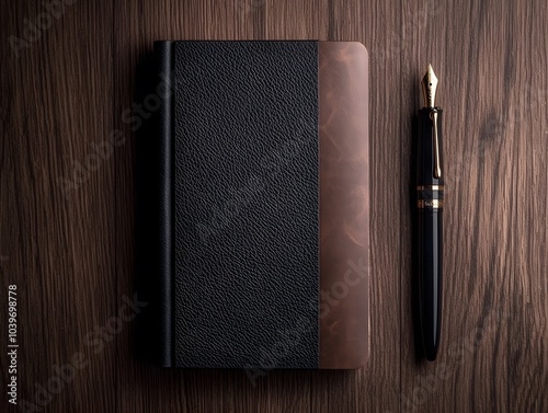 Top Down View of Leather Bound Journal and Pen