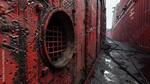 View of drainage channel with drainage hole of cargo ship hold s coaming photo