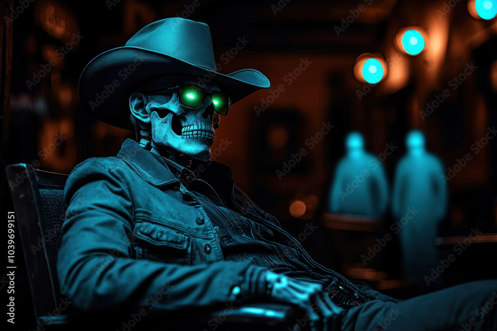 A skeleton cowboy sitting alone in a dimly lit saloon, A captivating image of a cowboy skeleton with glowing green eyes, set in a mysterious, dimly-lit environment. A skeleton cowboy sitting alone in a dimly lit saloon, A captivating image of a cowboy skeleton with glowing green eyes, set in a mysterious, dimly-lit environment.