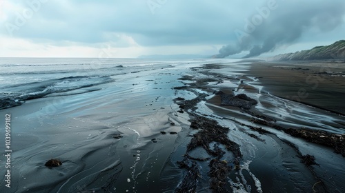 Crude oil spill on the beach photo