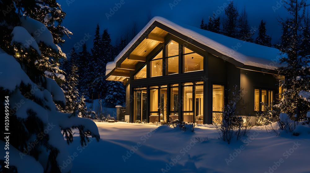 warm, illuminated cabin nestled in a snow-covered forest during nighttime. The glowing lights from inside contrast with the dark, wintry landscape, creating a peaceful atmosphere. warm, illuminated cabin nestled in a snow-covered forest during nighttime. The glowing lights from inside contrast with the dark, wintry landscape, creating a peaceful atmosphere.