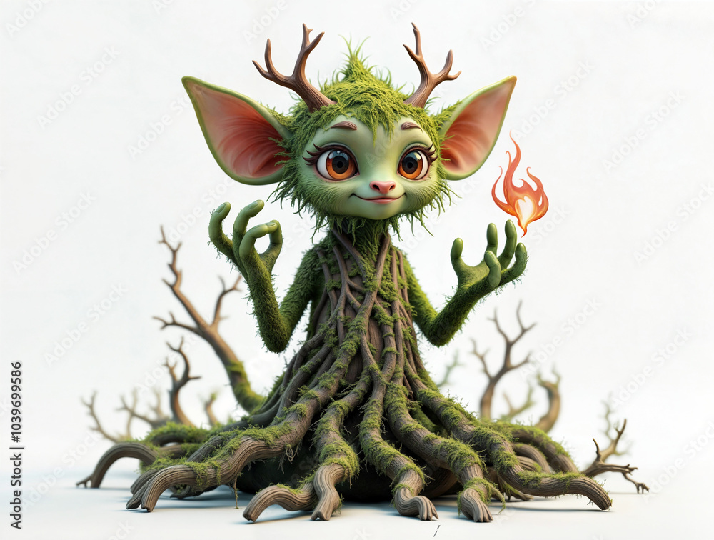 Fototapeta premium cute green forest spirit, ecology concept on white background. Generative AI
