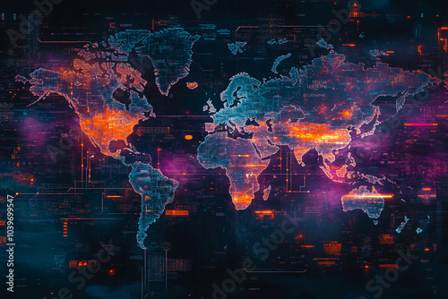 A digital world map with glowing data points and vibrant colors representing global connectivity technology and information flow 