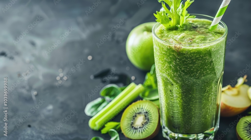 Fototapeta premium Green smoothie with kiwi apples celery spinach a healthy natural foods dish copy space for text