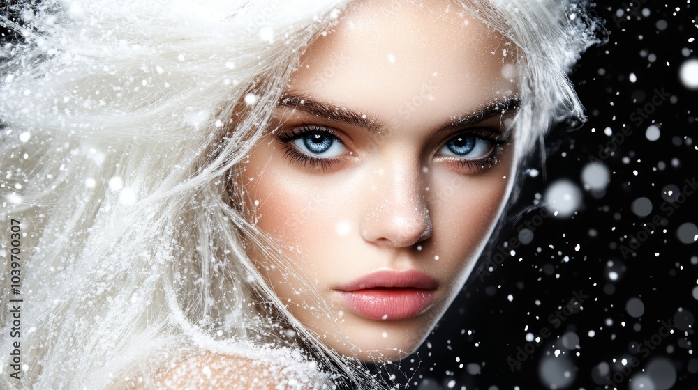A woman with white hair and blue eyes, snowflakes adorning her face, hair billowing in the wind A woman with white hair and blue eyes, snowflakes adorning her face, hair billowing in the wind