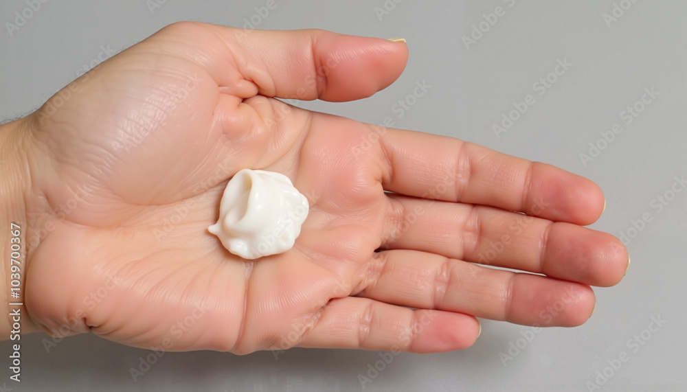 Close-up of hand holding dollop of hand cream on gray background Close-up of hand holding dollop of hand cream on gray background