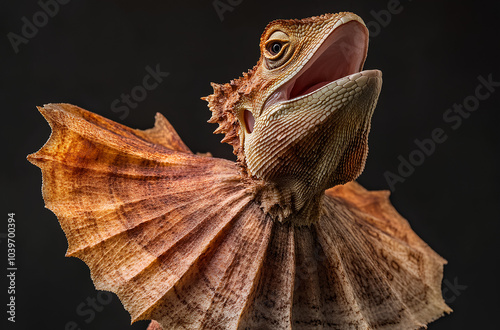 A close-up of a frilled lizard with its mouth open and frill extended, revealing its textured skin and scales. photo