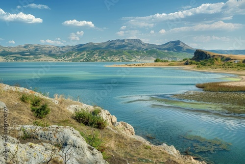 Lake Sivash  Hyper saline area with Crimean Mountain view. Shallow bays. photo