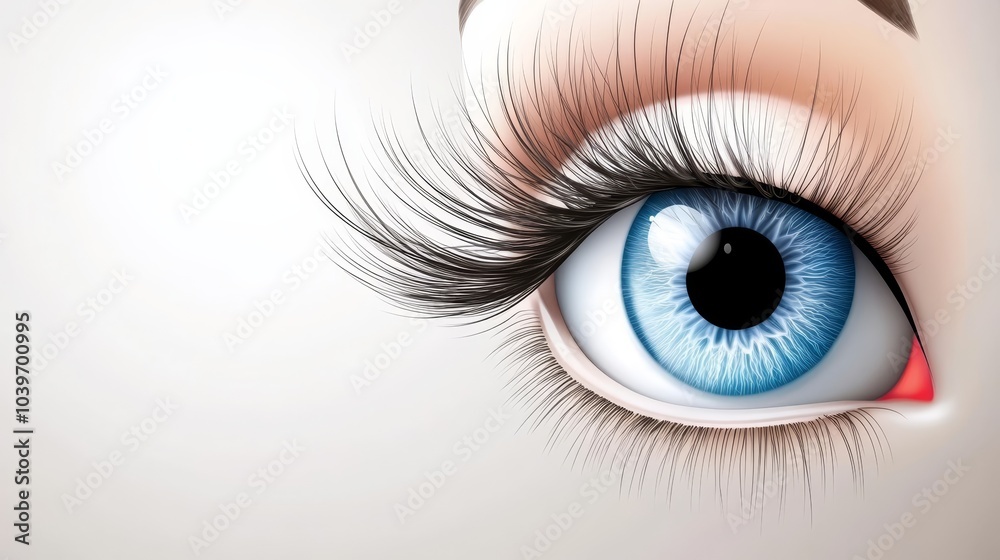 A tight shot of a blue eye, adorned with long lashes, and featuring a red punctum A tight shot of a blue eye, adorned with long lashes, and featuring a red punctum