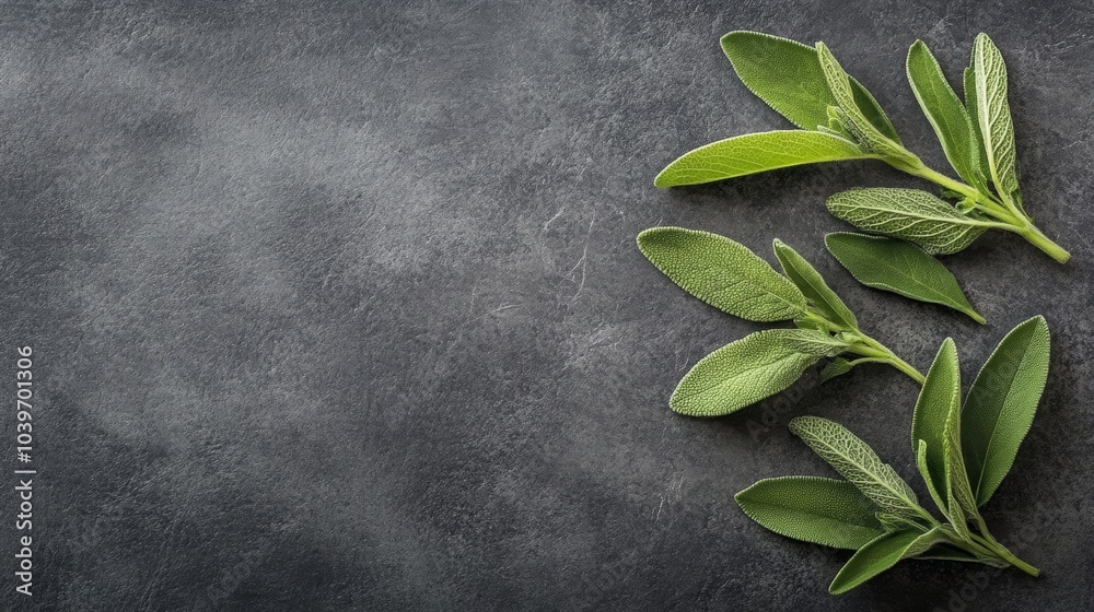 Fresh sage leaves, aromatic culinary herb on a dark background with copy space fresh Fresh sage leaves, aromatic culinary herb on a dark background with copy space fresh