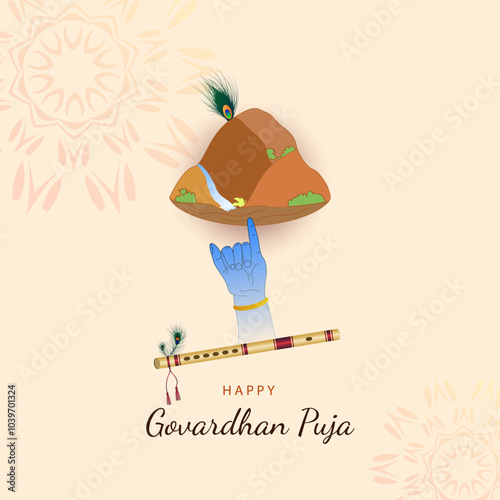 Indian festival govardhan puja celebration background with lord krishna bansuri vector photo