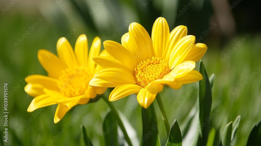 A few yellow flowers atop a verdant green field A few yellow flowers atop a verdant green field