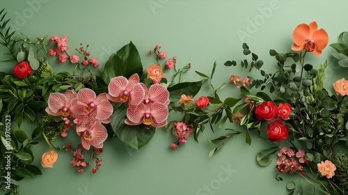 Colorful Floral Design on Green Background