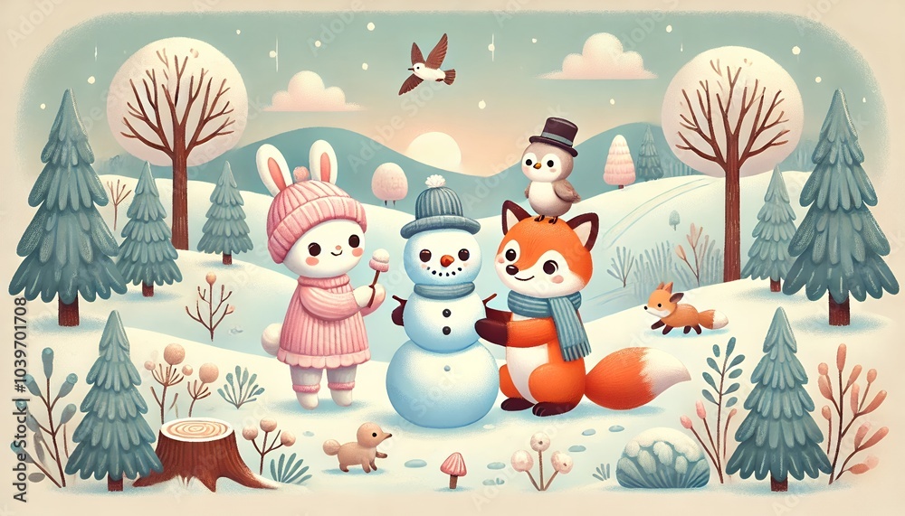 Fototapeta premium Whimsical Winter Day: Rabbit, Fox, and Bird Building a Snowman in a Soft Pastel-Colored Forest