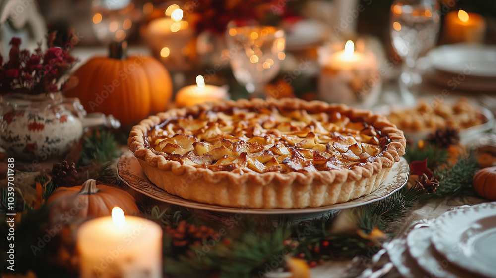 Thanksgiving table featuring a whole pumpkin pie as the centerpiece, traditional dishes Thanksgiving table featuring a whole pumpkin pie as the centerpiece, traditional dishes